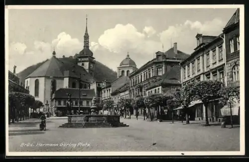 AK Brüx, Hermann Göring-Platz mit Kirche