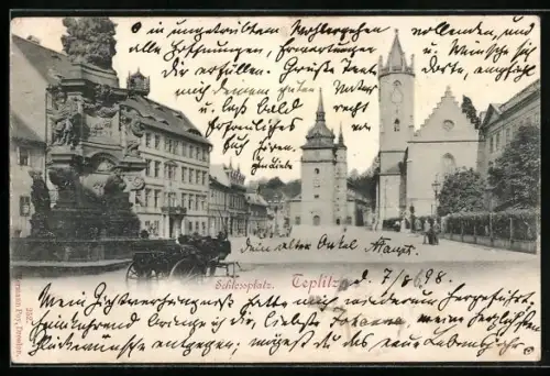 AK Teplitz, Schlossplatz mit Denkmal