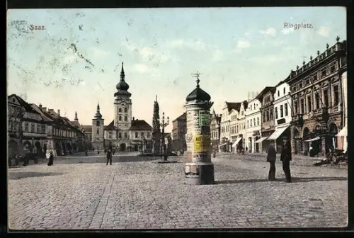 AK Saaz, Ringplatz mit Rathaus