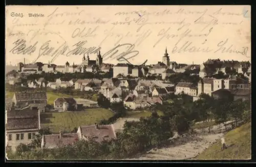 AK Saaz, Teilansicht mit Kirche Westseite