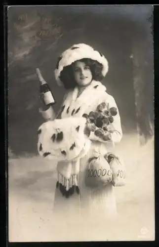 AK Fräulein mit Hermelinpelz, Sekt und Geldsäcken, Neujahrsgruss