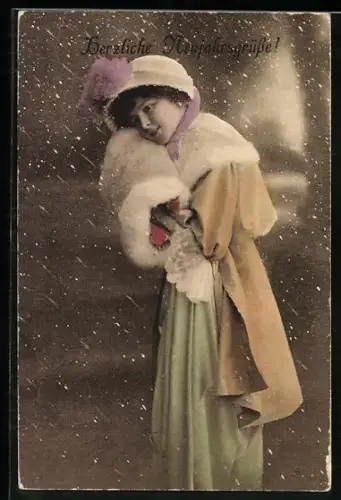 AK Junge Dame mit einem Pelzmuff bei Schnee, Neujahrsgruss