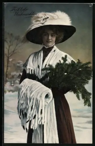 AK Elegante Dame mit Hermelinpelz, Weihnachtsgruss
