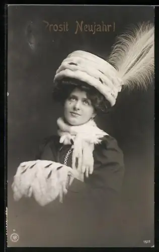 AK Junge Dame mit Hermelinpelz, Neujahrsgruss