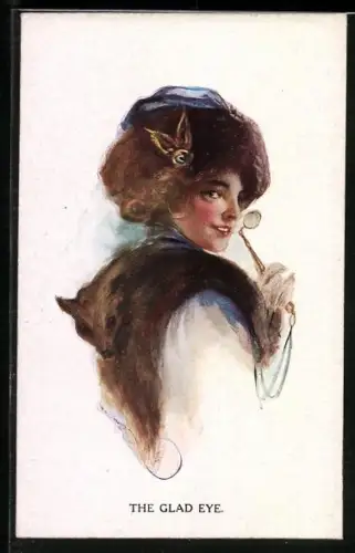 AK Elegante Dame mit Fuchspelz und Stielbrille