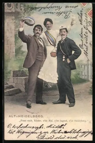 AK Alt-Heidelberg, Zwei Studenten mit Wirtin, studentische Szene