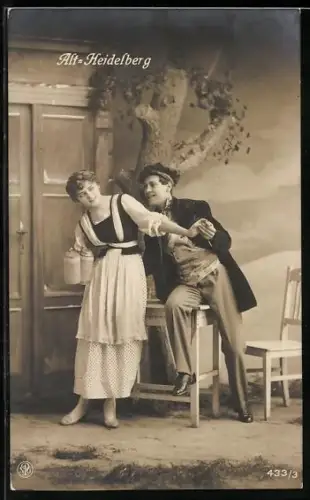 AK Alt-Heidelberg, Student schäkert mit Wirtin, studentische Szene
