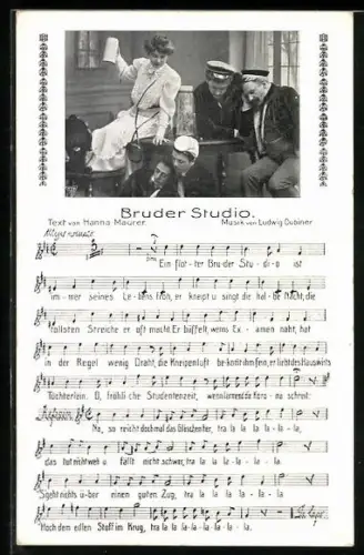 AK Studenten mit Frau am Tisch, Bruder Studio, Ein flotter Bruder..., Lied mit Noten, studentische Szene