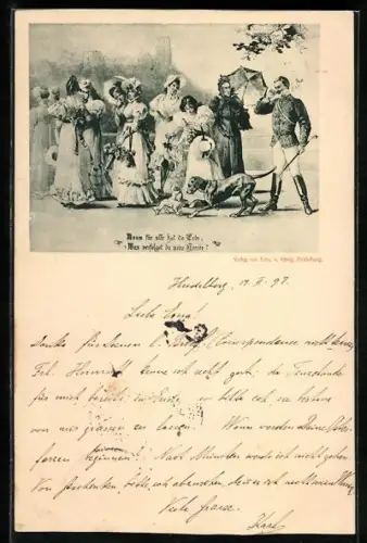 AK Gruppe von Frauen und Student mit Hund, studentische Szene