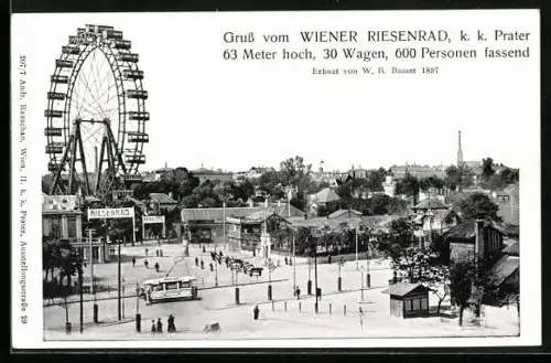 AK Wien, Wiener Prater, Wiener Riesenrad 63 m hoch, Strassenbahn