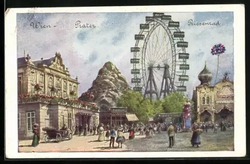 Künstler-AK Wien, Wiener Prater, Blick zum Riesenrad, viele Besucher davor