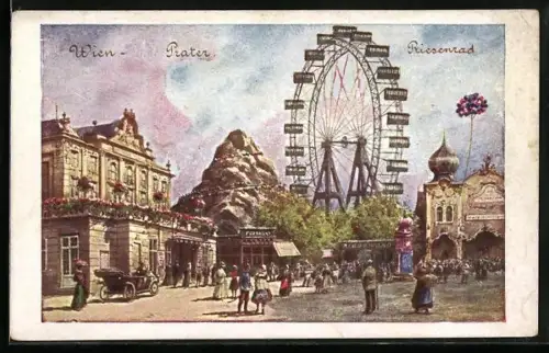 Künstler-AK Wien, Wiener Prater, Blick zum Riesenrad, viele Besucher davor