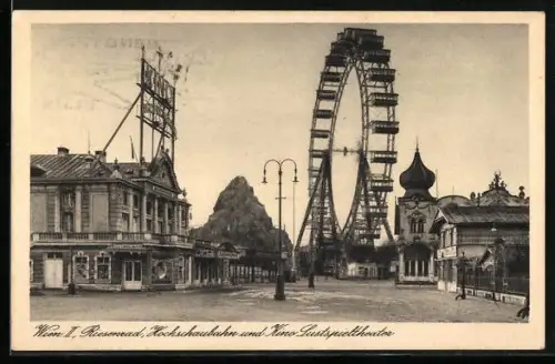 AK Wien, Riesenrad, Hochschaubahn und Kino Lustspieltheater auf dem Wiener Prater