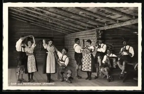 AK Berchtesgaden, Almtanz mit Trompete, Klarinette, Akkordeon