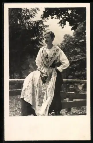Foto-AK Trachtenmädchen, an einem Gatter lehnend, 1917