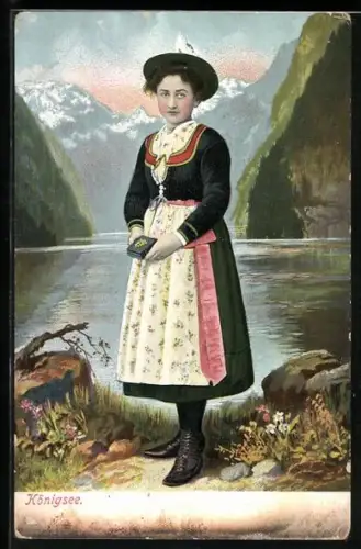 AK Königsee, Trachtenmädchen am See