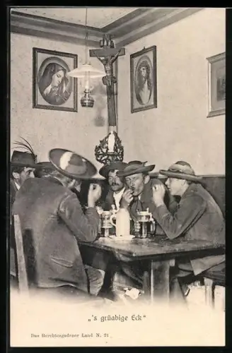 AK `S grüabige Eck, Männergruppe im Wirtshaus, bayerische Tracht