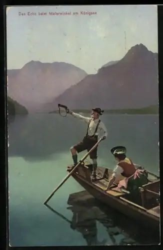 AK Königsee / Obb., Das Echo beim Malerwinkel, Bootsfahrer mit Pistole