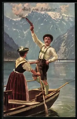 AK Königssee, Trachtenpaar in einem Kahn auf dem See