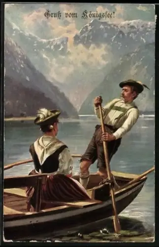 AK Königssee, Paar in Tracht in einem Kahn auf dem See