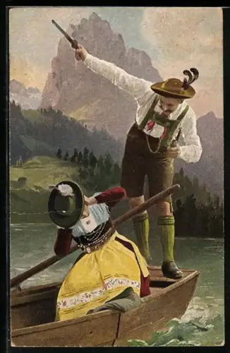 AK Bayerischer Mann in Tracht schiesst für seine Liebste mit einer Pistole in die Luft