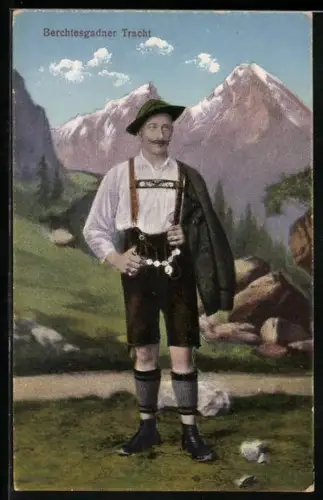 AK Berchtesgaden, Berchtesgadener in Tracht vor Bergkulisse