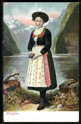 AK Königssee, Trachtenmädchen vor Seekulisse