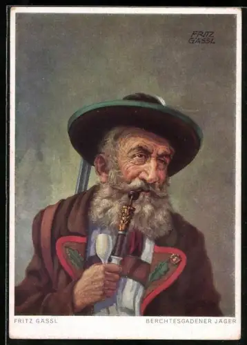 Künstler-AK Fritz Gässl, Berchtesgadener Jäger mit Pfeife