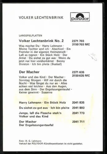 AK Musiker Volker Lechtenbrink mit Zigarette, Autograph