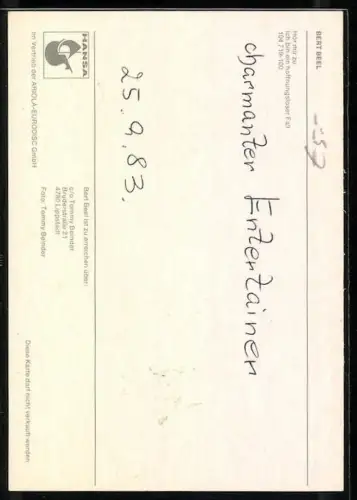 AK Musiker Bert Beel lächelnd im gelben Hemd, Autograph