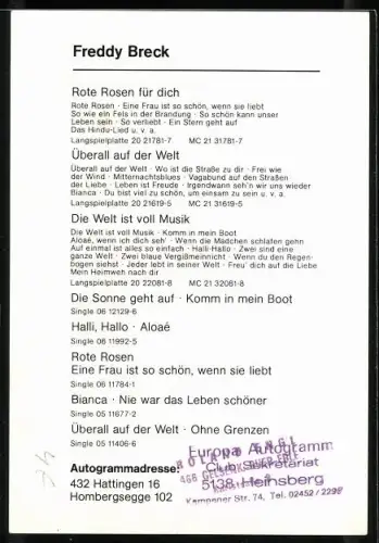 AK Musiker Freddy Breck im Porträt, Autograph