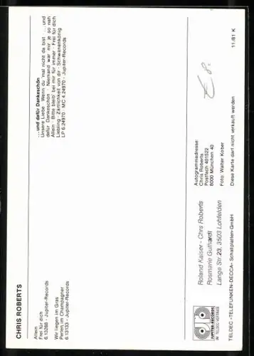 AK Musiker Chris Roberts im weissen Hemd, Autograph