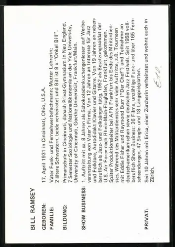 AK Musiker Bill Ramsey im Porträt, Autograph