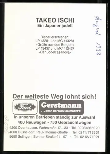 AK Musiker und Jodler Takeo Ischi in Tracht, Autograph