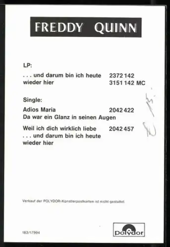 AK Musiker Freddy Quinn im Anzug, Autograph