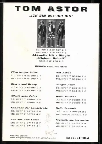 AK Musiker Tom Astor im Cowboyhut, Autograph