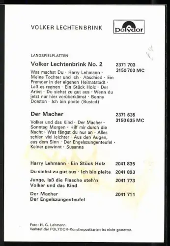 AK Musiker Volker Lechtenbrink mit Zigarette, Autograph
