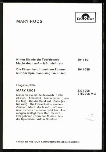 AK Musikerin Mary Roos in gestreifter Bluse, Autograph