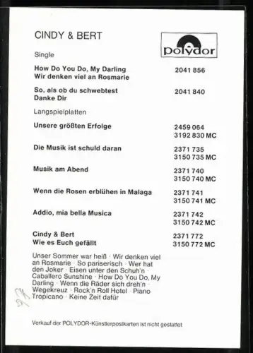 AK Musiker Cindy & Bert im Porträt, Autograph