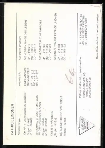 AK Musiker Patrick Lindner lächelnd im Porträt, Autograph