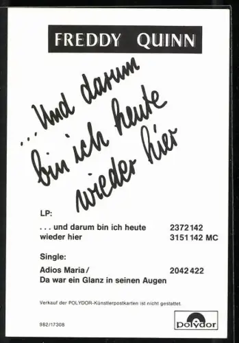AK Sänger Freddy Quinn im Porträt mit Autograph