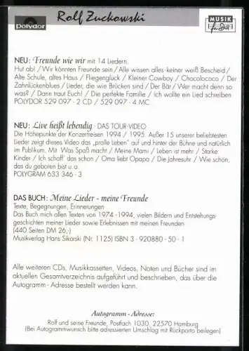 AK Musiker Rolf Zuckowski lächelnd im Porträt, Autograph