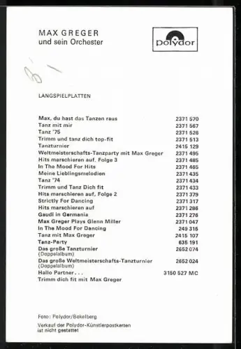 AK Musiker Max Greger in weissem Sakko, Autograph