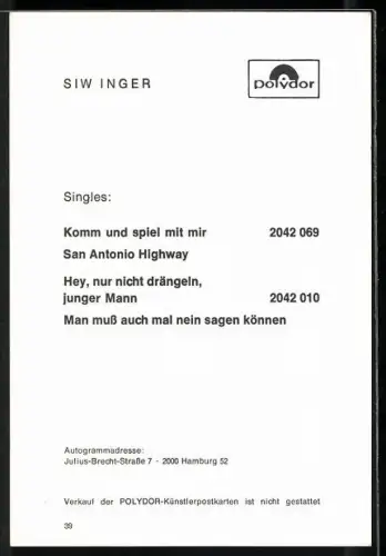 AK Musikerin Siw Inger in roter Bluse, Autograph