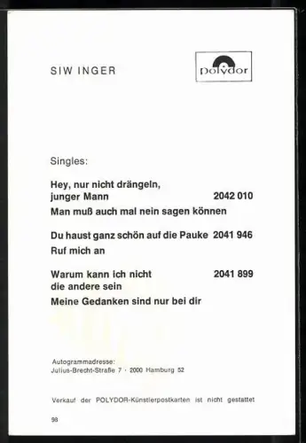 AK Musikerin Siw Inger in die Kamera blickend, Autograph