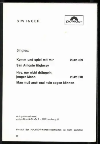 AK Musikerin Siw Inger in roter Bluser, Autograph