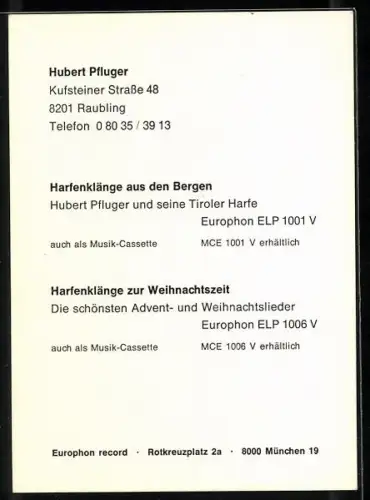 AK Musiker Hubert Pfluger mit Harfe, Autograph