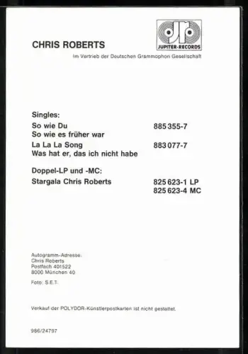 AK Musiker Chris Roberts in grüner Jacke, Autograph