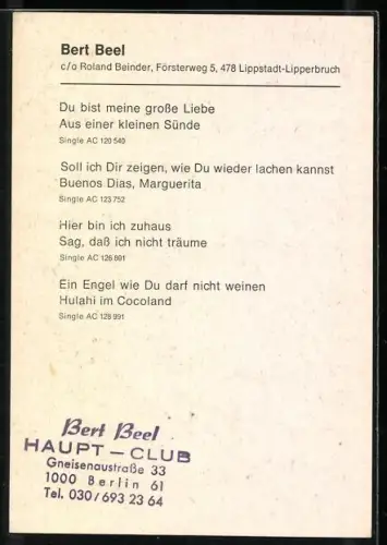 AK Musiker Bert Beel im blauen Pullover, Autograph