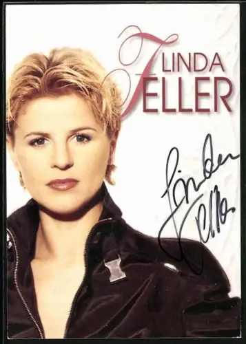 AK Musikerin Linda Feller in schwarzer Jacke, Autograph